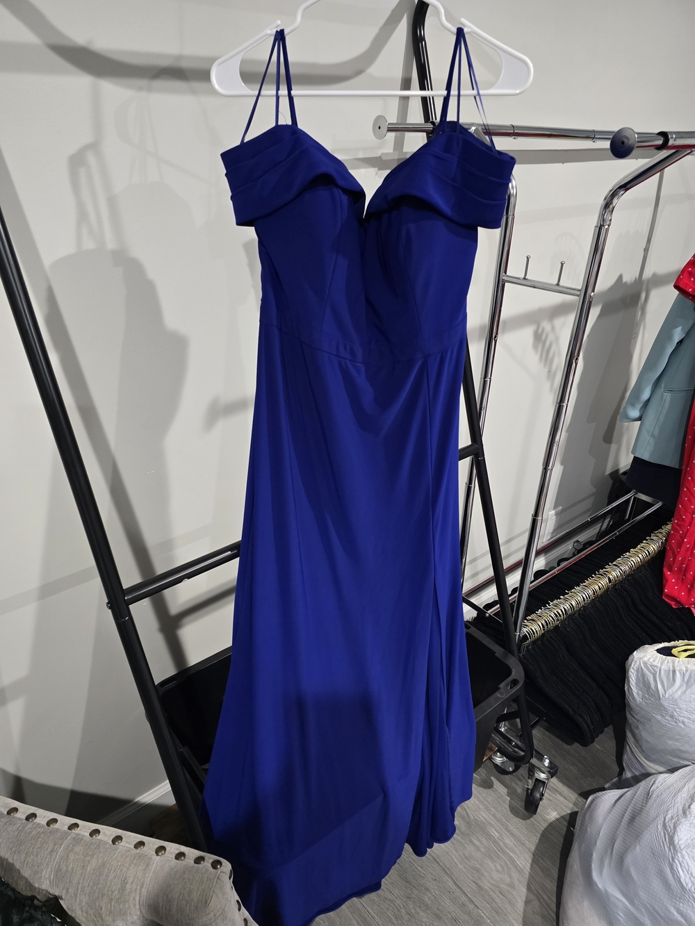 Morgan & Co. Bright Cobalt Spaghetti Strap Off Shoulder Formal Dress